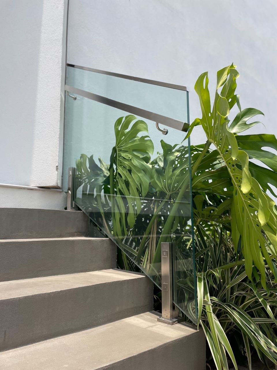 Guarda-corpo em vidro em escada externa com plantas